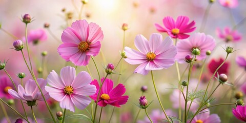 Wall Mural - Cosmos flowers in pink and magenta bloom on slender stems