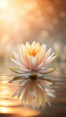 Wall Mural - A serene water lily or lotus flower in soft peach hues against a blurred background