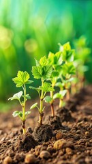 Wall Mural - A beautiful close-up shot of a row of freshly planted currant bush seedlings