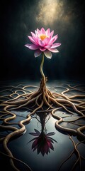Wall Mural - A dark lotus flower blooms in a mysterious pool of water on a black background