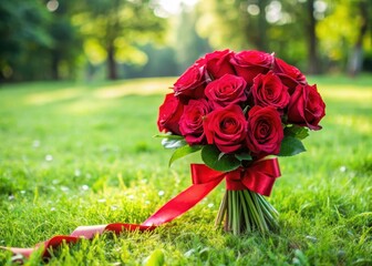 Wall Mural - Freshly picked red roses tied with satin ribbon standing alone on lush green grass in a serene outdoor setting