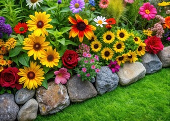 Wall Mural - natural stone border edging for lawn with lush green grass and vibrant summer flowers including sunf
