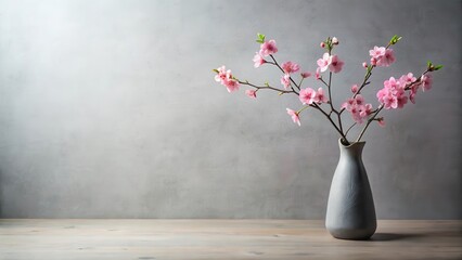 Wall Mural - Simple grey vase holding pink cherry blossom in a minimalist setting