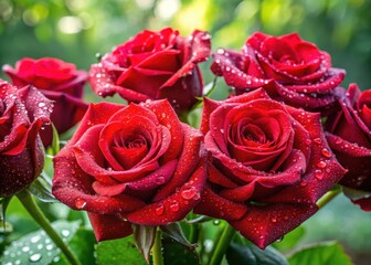 Wall Mural - beautiful bouquet of vibrant red roses with dew drops glistening