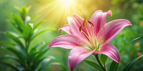 Wall Mural - A delicate pink lily flower blooms in a lush green garden