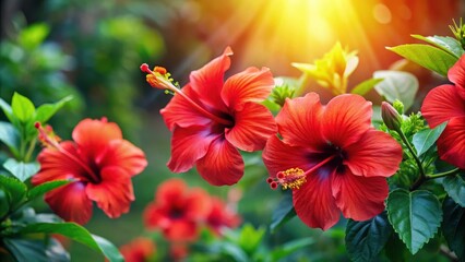 Wall Mural - Vibrant red hibiscus flowers blooming in a tropical garden