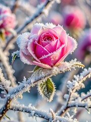 Wall Mural - Pink rose bud in winter frost horizontal