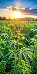 Wall Mural - Mature hemp plants with large leaves and stalks growing in a field with sunlight and greenery