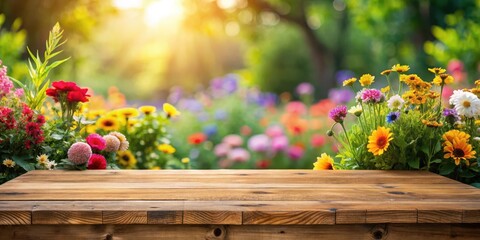 Wall Mural - wooden table surrounded by vibrant flowers in a serene garden setting with blurred background