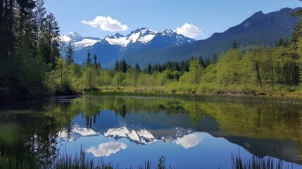 Mirror glacial lake reflecting surrounding mountains and trees