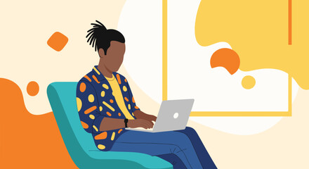 A modern flat design illustration depicts a young man with a laptop, engaged in digital work or web development against an abstract background.