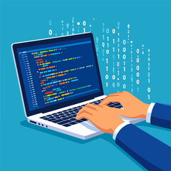 Illustration of hands typing on a laptop displaying colorful computer code, against a blue background with binary code, representing software development.