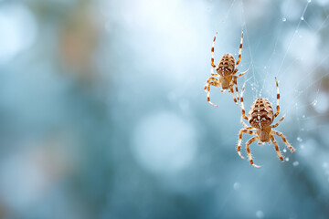 Two intricate spiders hang gracefully in their delicate web, adorned with glistening droplets, set against a soft, blurred blue background.