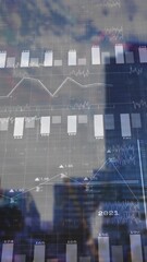 Wall Mural - Financial data charts and graphs animation over cityscape with skyscrapers