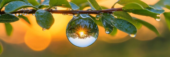 Wall Mural - Stunning Macro Shot of a Water Droplet Reflecting a Golden Sky Among Lush Green Leaves, Nature s Art