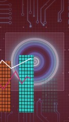 Wall Mural - bar and line graphs over digital circuit board and abstract circular animation