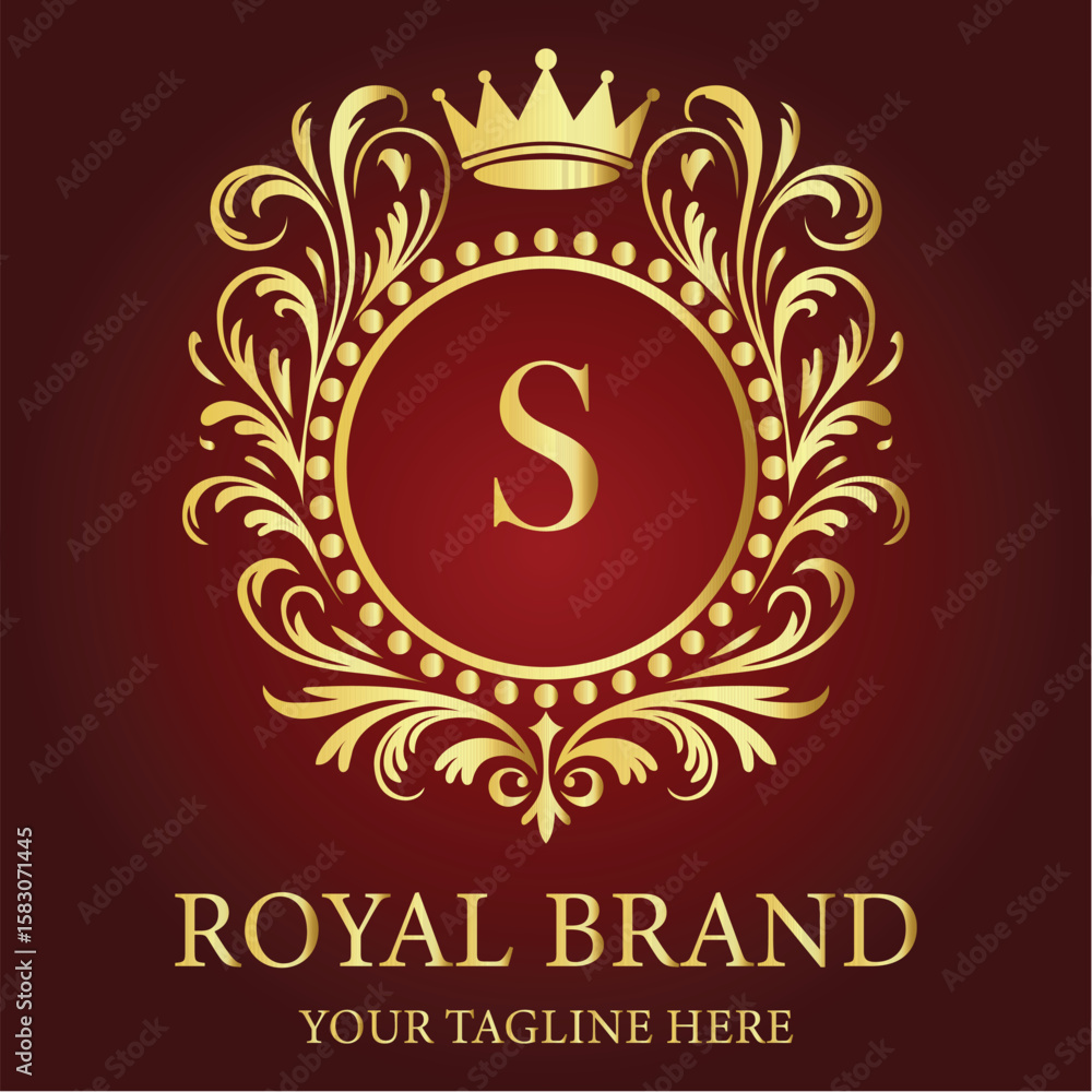 Luxury royal brand logo with golden crown and letter S on red ...