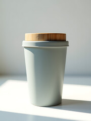 Wall Mural - shot grey reusable coffee cup woven bamboo lid sitting atop crisp white background illuminated soft morning light