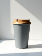 Wall Mural - shot grey reusable coffee cup woven bamboo lid sitting atop crisp white background illuminated soft morning light