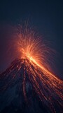 Majestic eruption at night: illuminated lava and ash plume from active volcano