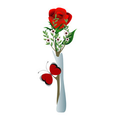 Wall Mural - Branch with manuka flowers and red rose in vase on white background..eps