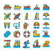 © Gunali Rezqi Mauludi - Colorful icons depicting various water sports and recreational activities, including boating, swimming, and diving equipment.