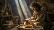 © URRMInc - Prophet Jeremiah as a potter shaping clay, biblical metaphor of God's divine sovereignty, artisan's hands molding a handmade vessel on a wheel, Old Testament story of faith, purpose and creation.