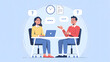 © Boom Boy - Two people in a minimalist illustration discussing at a table with a laptop flat design