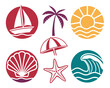 © Riya Stock - Summer Icons Set Featuring Sailboat, Palm, Sun, Shell, Beach Umbrella