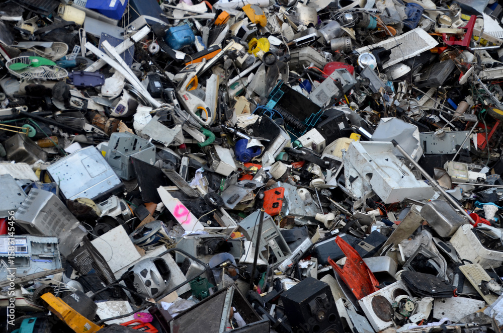 Computer Paper Discarded full-frame shot of disorganized pile of discarded electronic waste e ...
