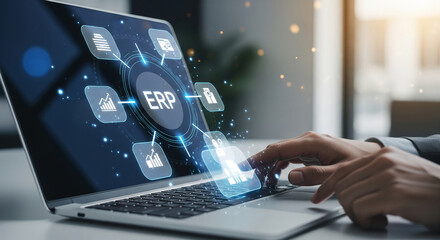 Wall Mural - laptop displaying erp system interface with data icons, showcasing efficient business management tec