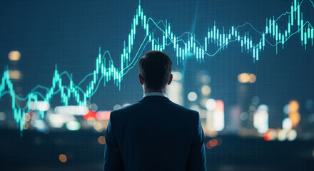 Wall Mural - businessman views financial graph projected onto cityscape background, symbolizing growth, investmen