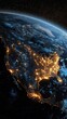© Asayamrad - A nighttime satellite view of North America showing illuminated cities and urban areas against a backdrop of stars and the Earth's curvature.