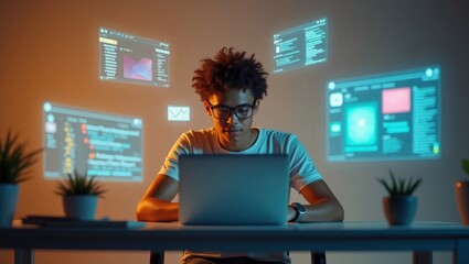 Un hombre joven sentado en un escritorio rodeado de ventanas digitales flotantes desde una laptop