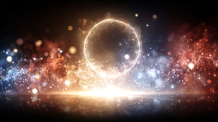 Wall Mural - Gold glitter circle of light shine sparkles and golden spark particles in circle frame on black background. Christmas magic stars glow, firework confetti of glittery ring shimmer	