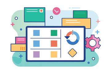 Abstract illustration depicting data analysis and business process management with charts and workflow elements.