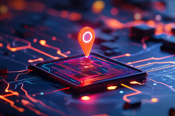 Wall Mural - interactive digital marketing strategy represented by vibrant circuit board with location pin, showc