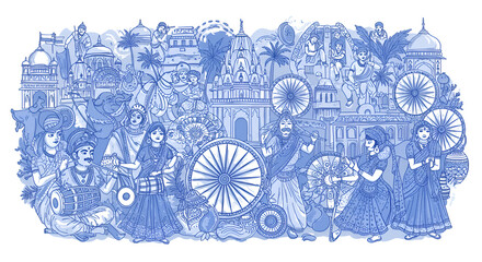  Blue Jaipur Illustration: A vibrant illustration in shades of blue depicts a bustling scene in Jaipur, Rajasthan, India, featuring iconic landmarks, cultural elements and lively characters.