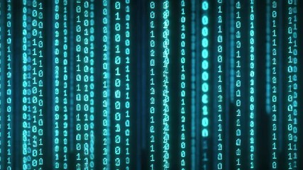 binary code digital data stream with glowing blue numbers and vertical lines representing futuristic