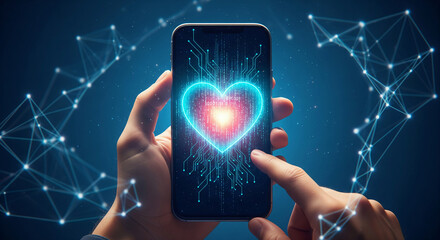 Wall Mural - hands hold smartphone displaying glowing heart formed from digital code, symbolizing digital love, c