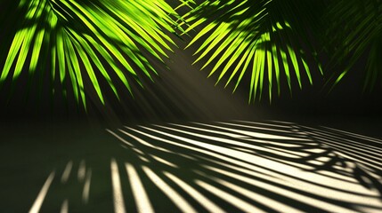 Wall Mural - vibrant green palm leaves casting intricate striped shadows on a dark surface, creating a mesmerizin