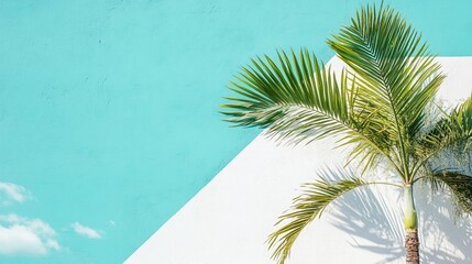 Wall Mural - tropical palm tree with vibrant green leaves casting a shadow against a crisp white wall and bright 