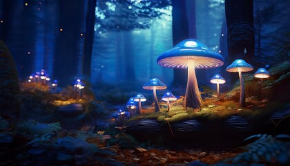 Wall Mural - illuminated mushrooms stand in a dark enchanted forest casting a soft blue glow fallen leaves surround the base creating a mystical atmosphere at twilight