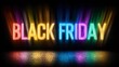 © tienuskin - Illuminated Black Friday Typography: Dynamic light beams emanate from the glowing text Black Friday, heralding the arrival of a shopping event. The vibrant colors against a sleek dark background.