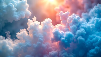 Wall Mural - Fluffy clouds illuminated by warm sunlight create a dreamy and serene sky scene with soft pastel colors blending beautifully.
