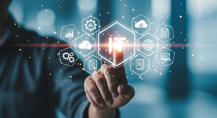 Modern IT Solutions: Hand Touching Digital Interface with AI, Cloud, and Data Icons for Business Technology and Innovation. Future Tech Concept