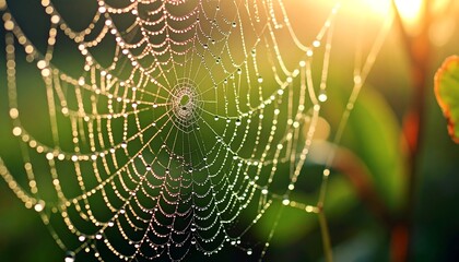 Dew-kissed spiderweb in sunlight