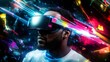 © Jojo* - Man wearing virtual reality headset engrossed in a digital experience.