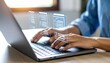 © Stock Contributor - Person completes online form or checklist on laptop, showcasing digital data entry and document management for business or personal use.