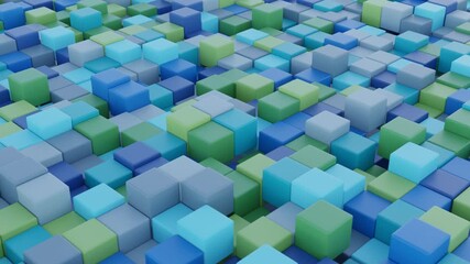 Wall Mural - seamless 3d animation with abstract geometric shapes in harmonious blue, green, and gray tones, perf
